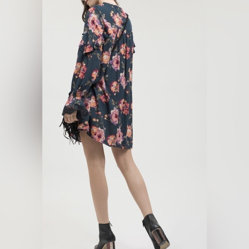 Blu Pepper Green Floral Ruffled Dress Lace Trim Bell Sleeves Womens Sz Large - Picture 2 of 14